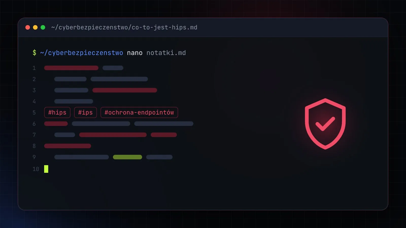 Ilustracja do artykułu „Co to jest HIPS? System zapobiegania włamaniom na hoście i drugie znaczenie skrótu” — okno edytora z ikoną działu Cyberbezpieczeństwo